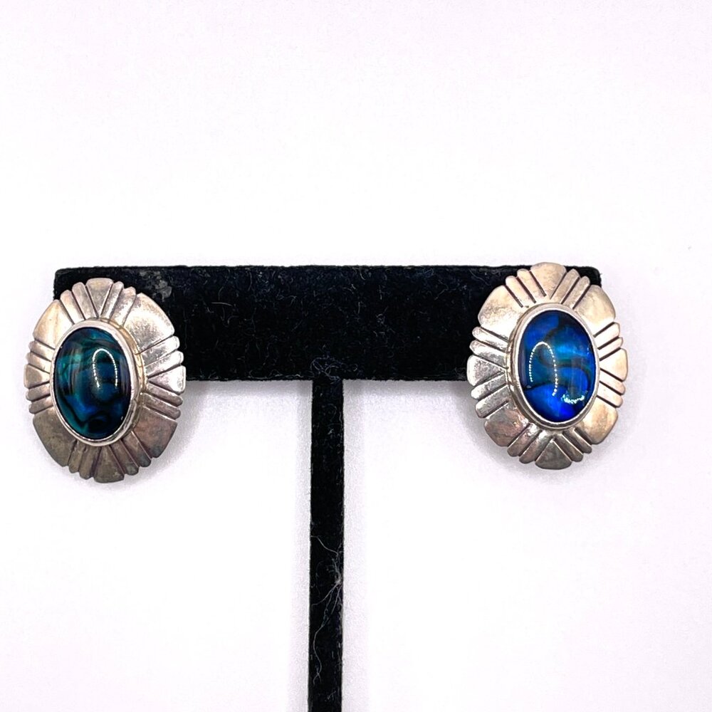Nakai Sterling Silver Pierced Earrings with Deep Blue Paua Shell Centers